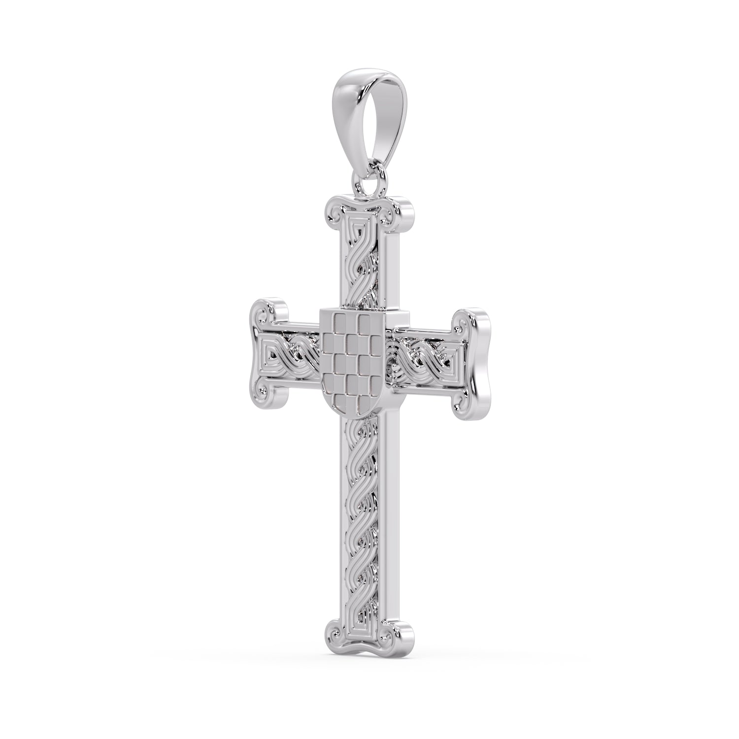 9ct white gold Croatian Pleter GRB cross pendant angled view, alternate angle