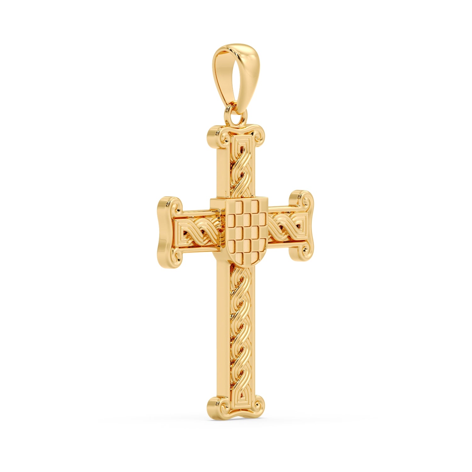 9ct yellow gold Croatian Pleter GRB cross pendant angled view