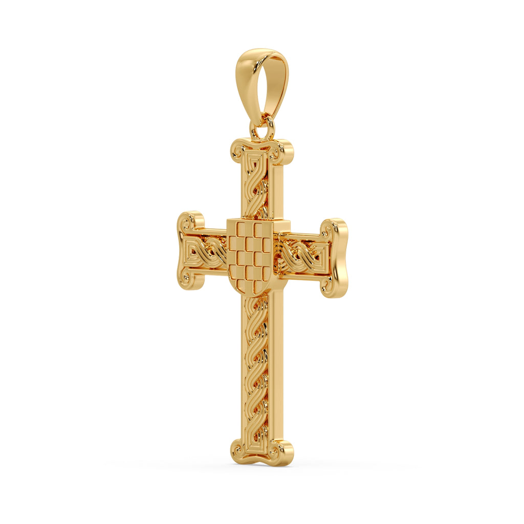 9ct yellow gold Croatian Pleter GRB cross pendant angled view, alternate angle