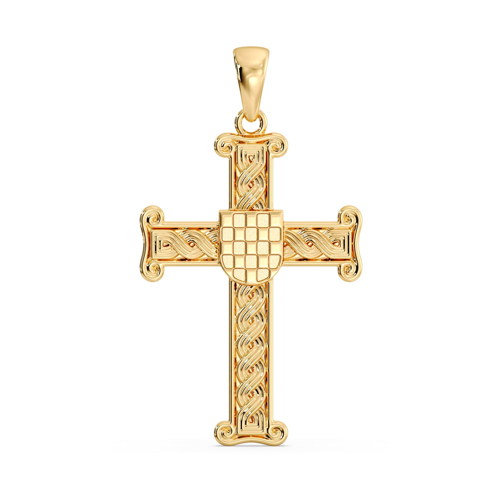 9ct yellow gold Croatian Pleter GRB cross pendant front view
