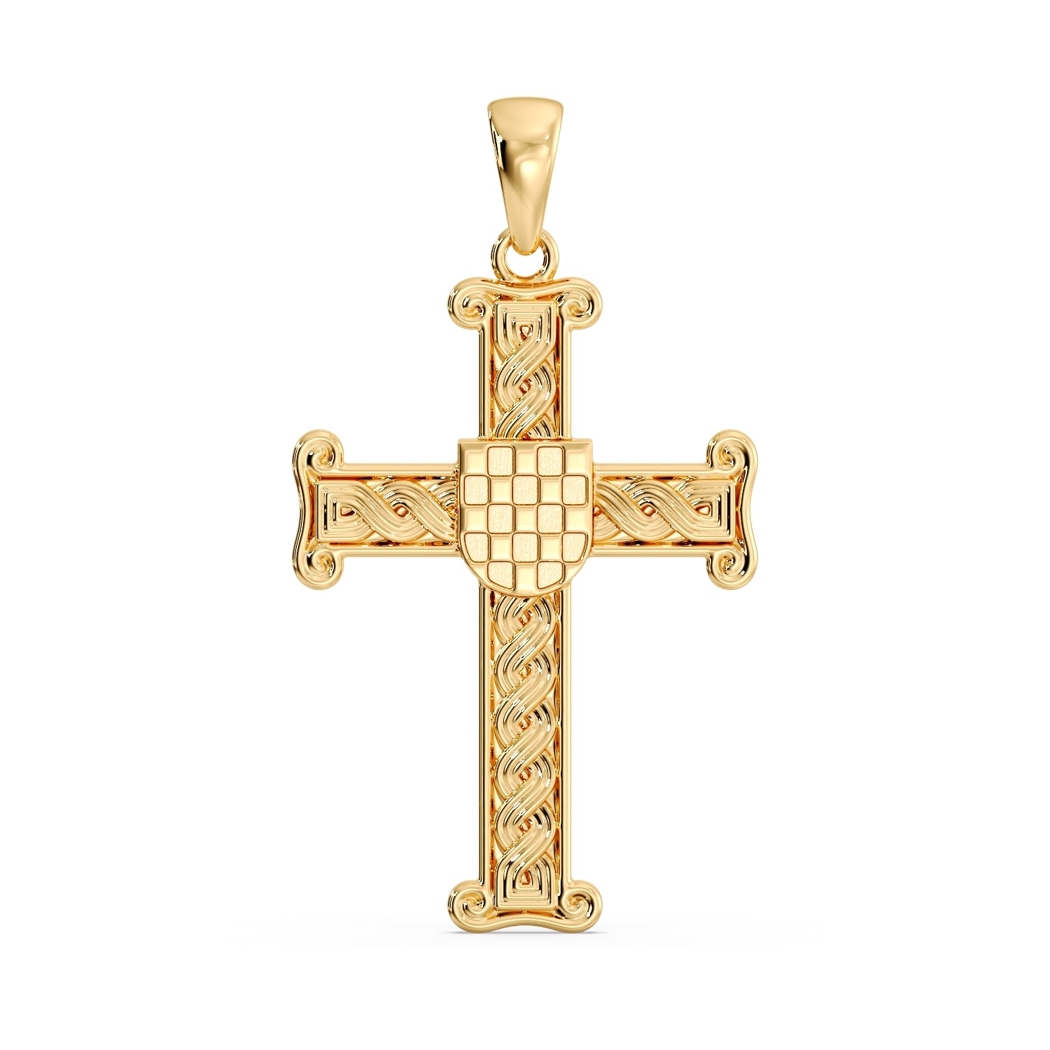 9ct yellow gold Croatian Pleter GRB cross pendant front view