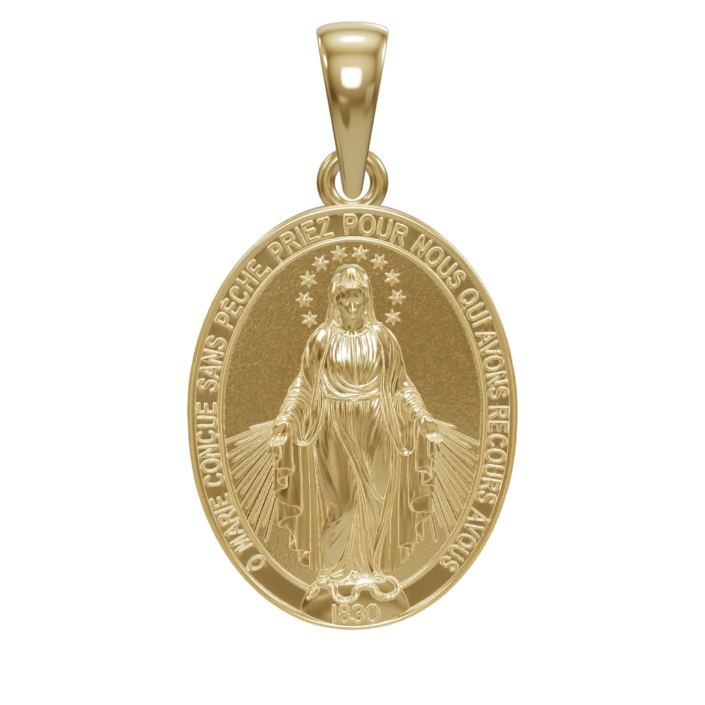 Interactive 3D model of the 9ct Gold Miraculous Medal in the 18mm size, shown in 9ct yellow gold