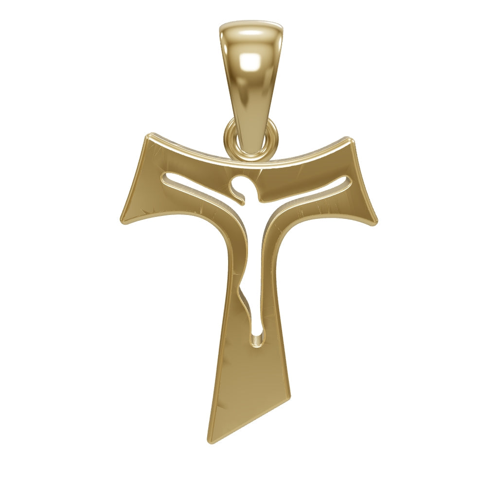 Interactive 3D model of the Gold Tau Catholic Cross, shown in 9ct yellow gold
