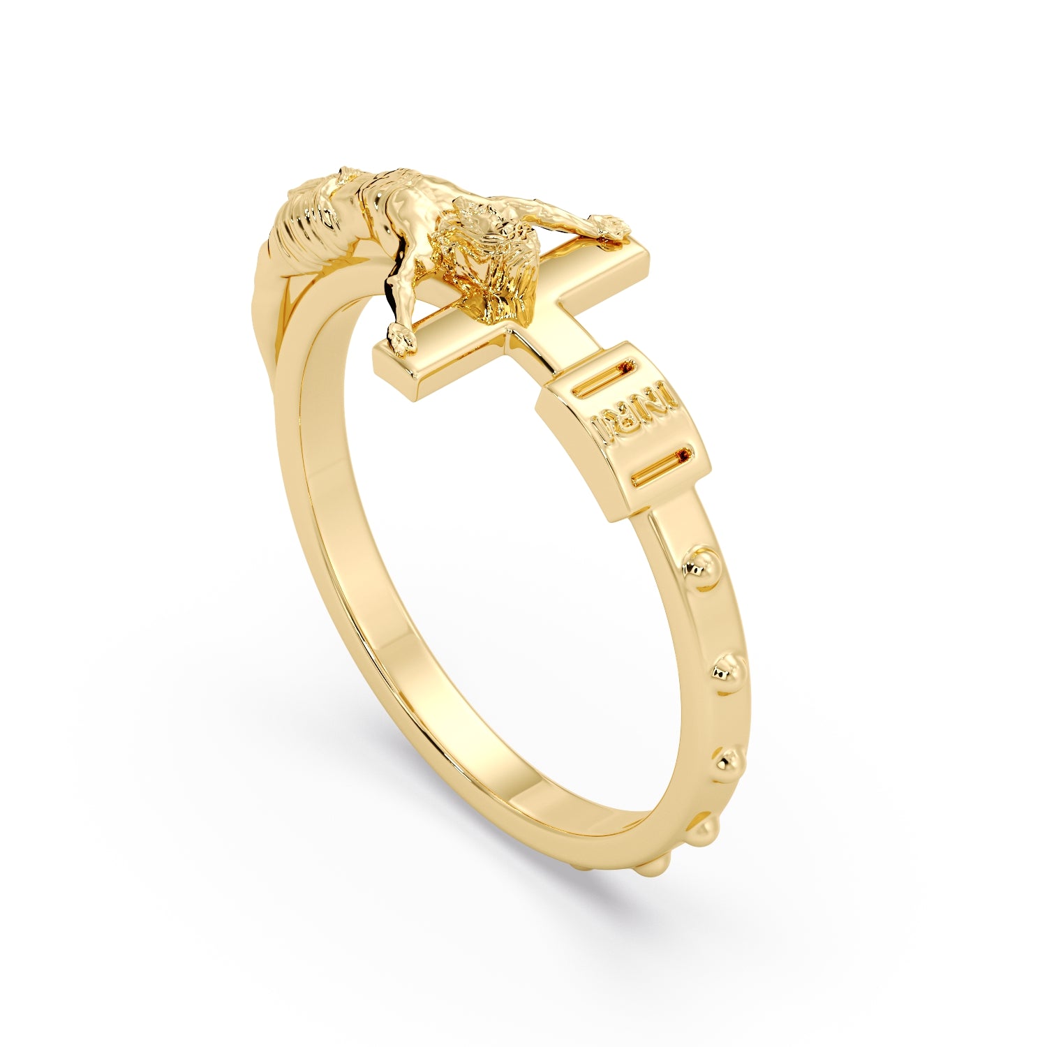 9ct Yellow Gold Rosary Ring, three-quarter view showing the raised crucifix and beaded band