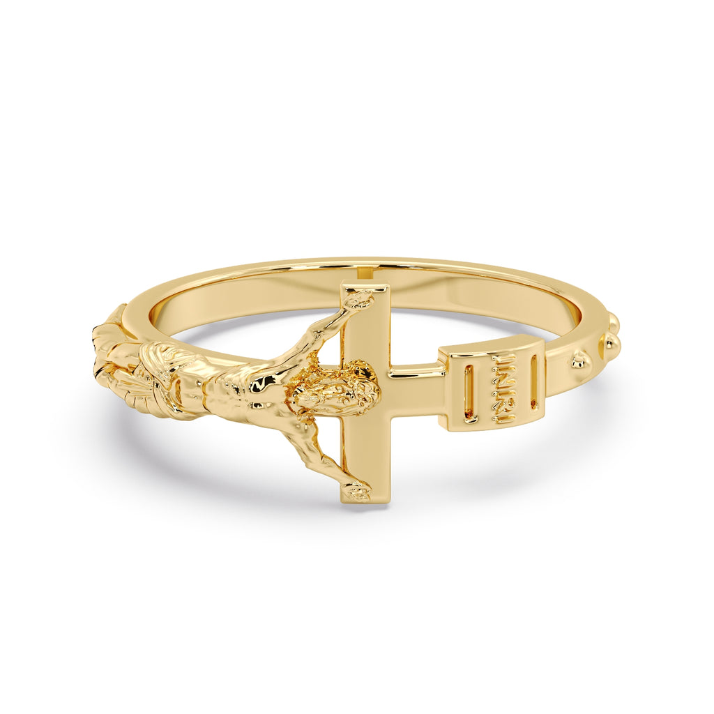 9ct Yellow Gold Rosary Ring with crucifix and INRI detail, viewed from above