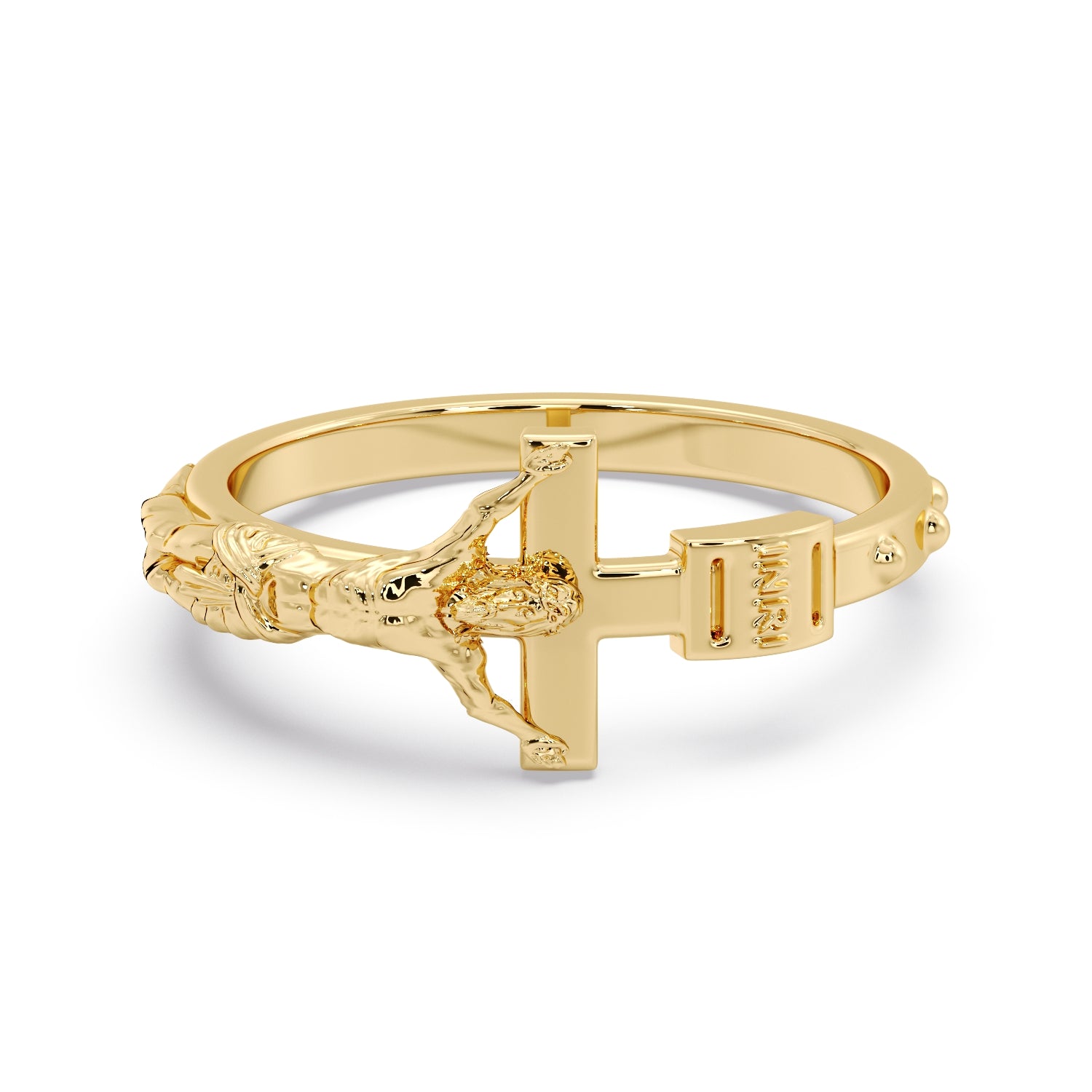 9ct Yellow Gold Rosary Ring with crucifix and INRI detail, viewed from above