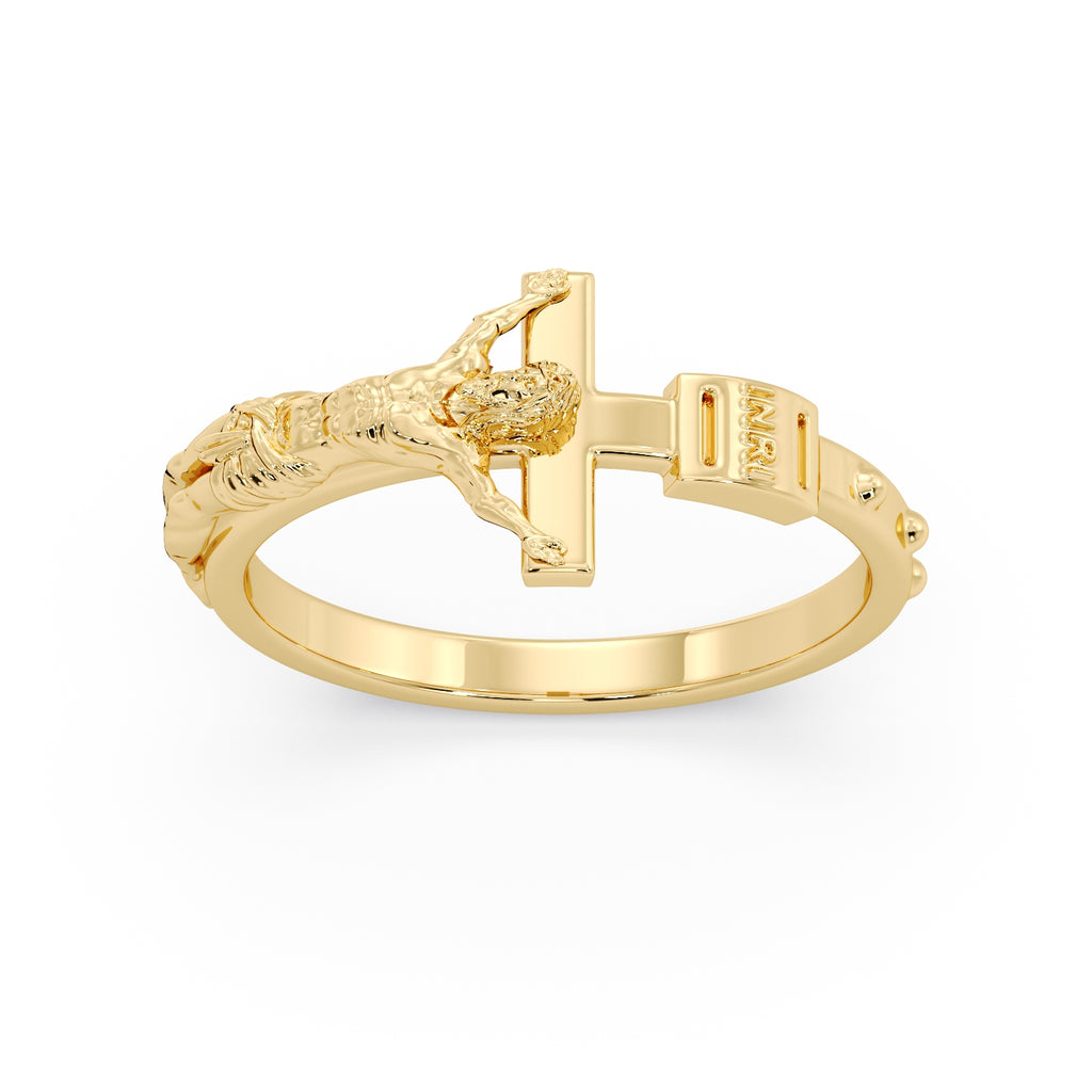 9ct Yellow Gold Rosary Ring, angled view showing the figure of Christ on the crucifix