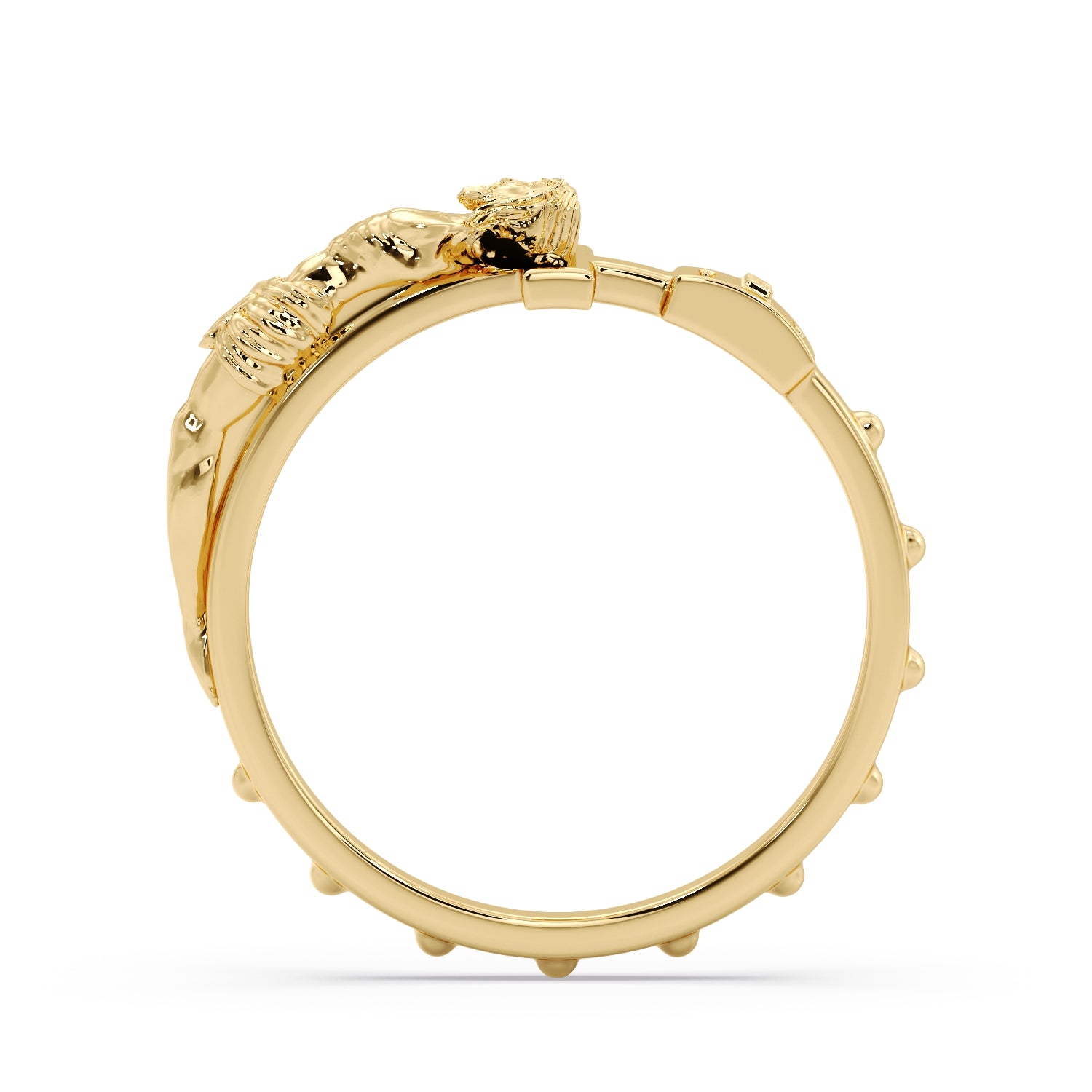 9ct Yellow Gold Rosary Ring in profile, showing the rosary beads set around the band
