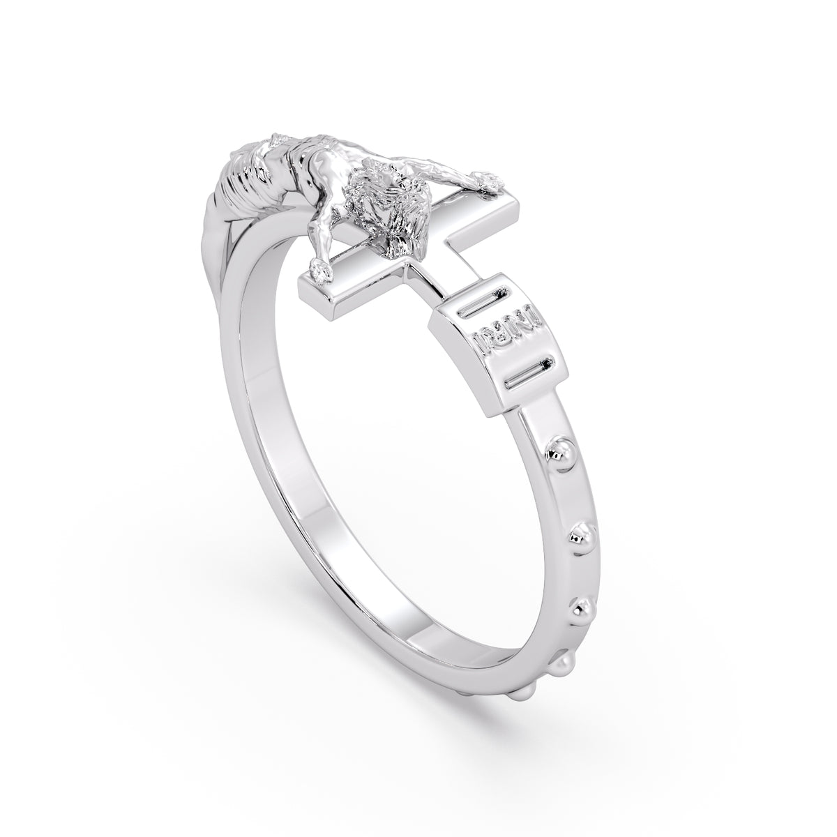 9ct White Gold Rosary Ring, three-quarter view showing the raised crucifix and beaded band