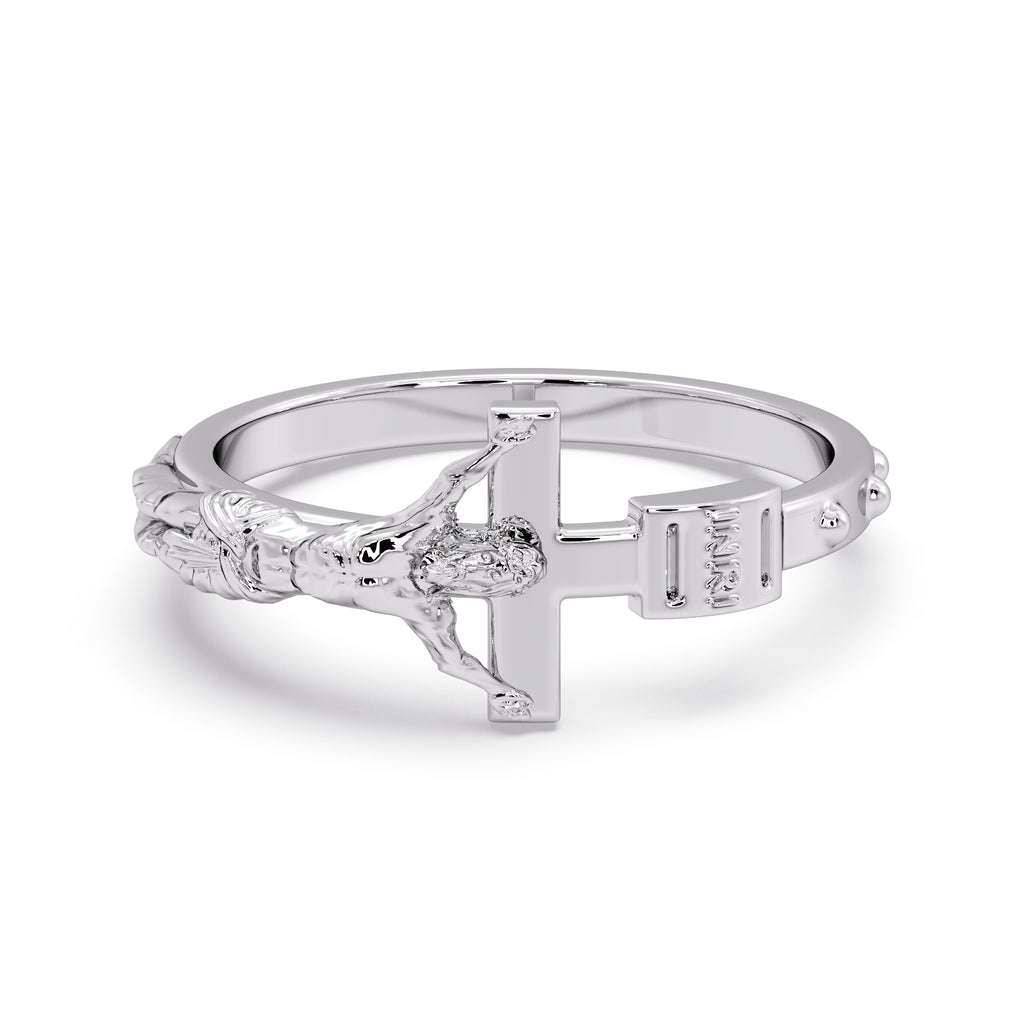 Sterling Silver Rosary Ring with crucifix and INRI detail, viewed from above