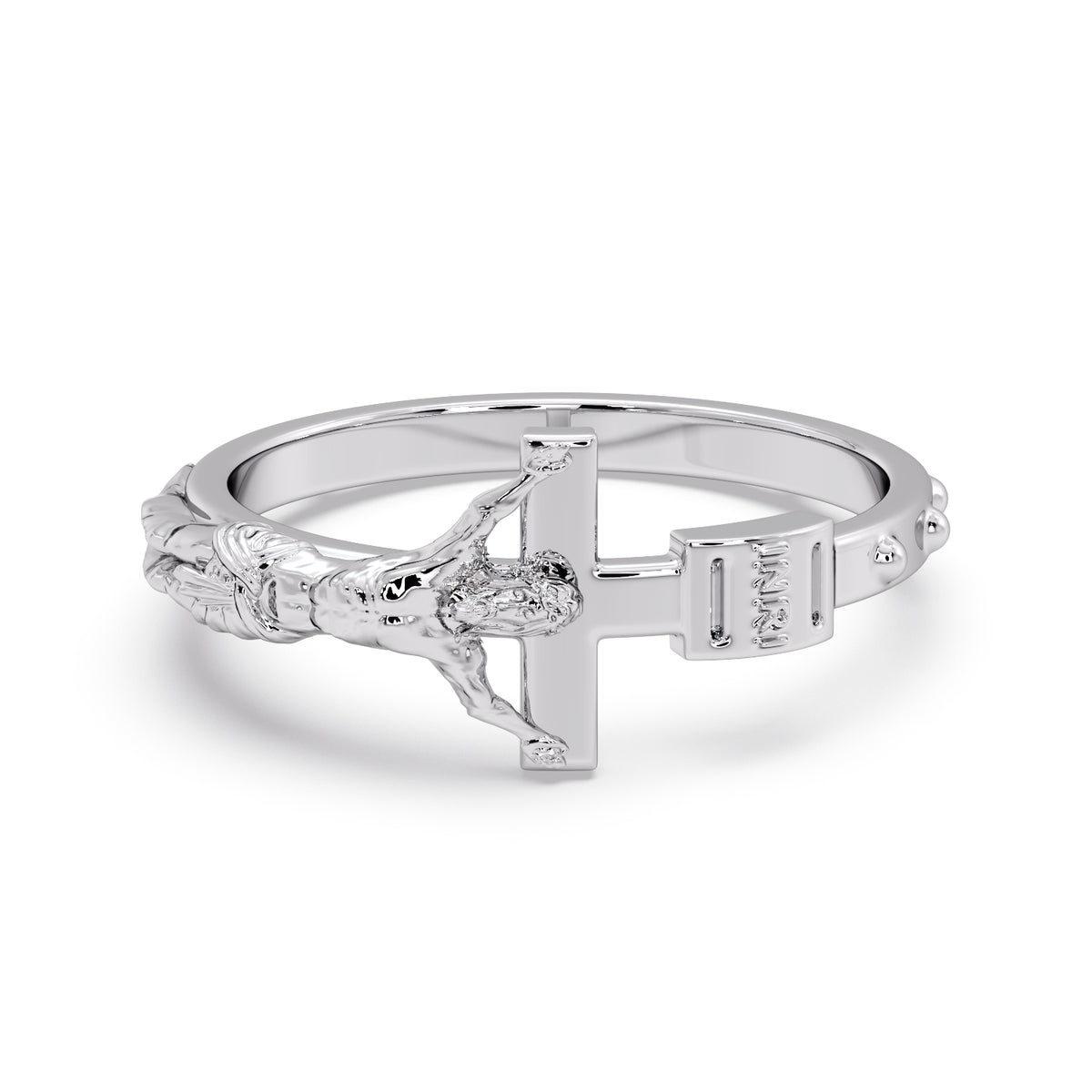 Sterling Silver Rosary Ring with crucifix and INRI detail, viewed from above