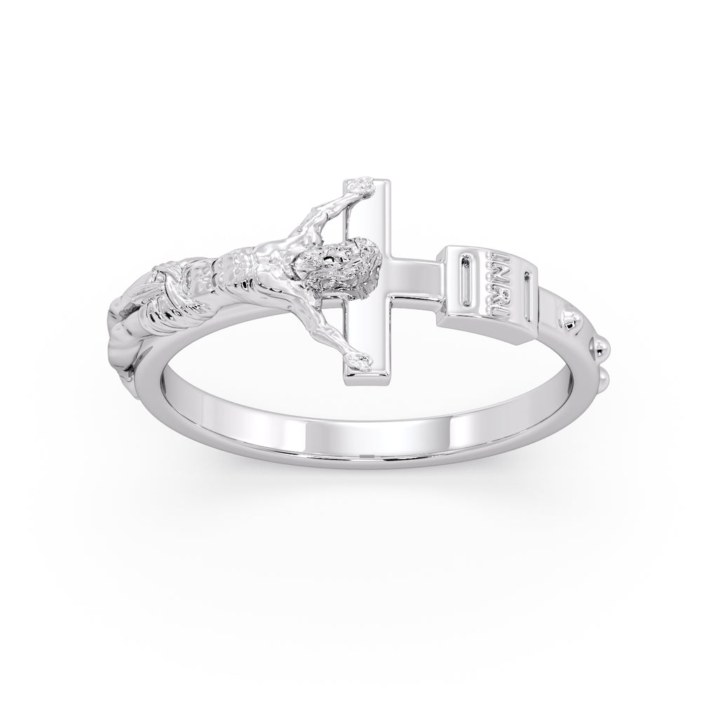 Rosary Ring in white metal, angled view showing the figure of Christ on the crucifix