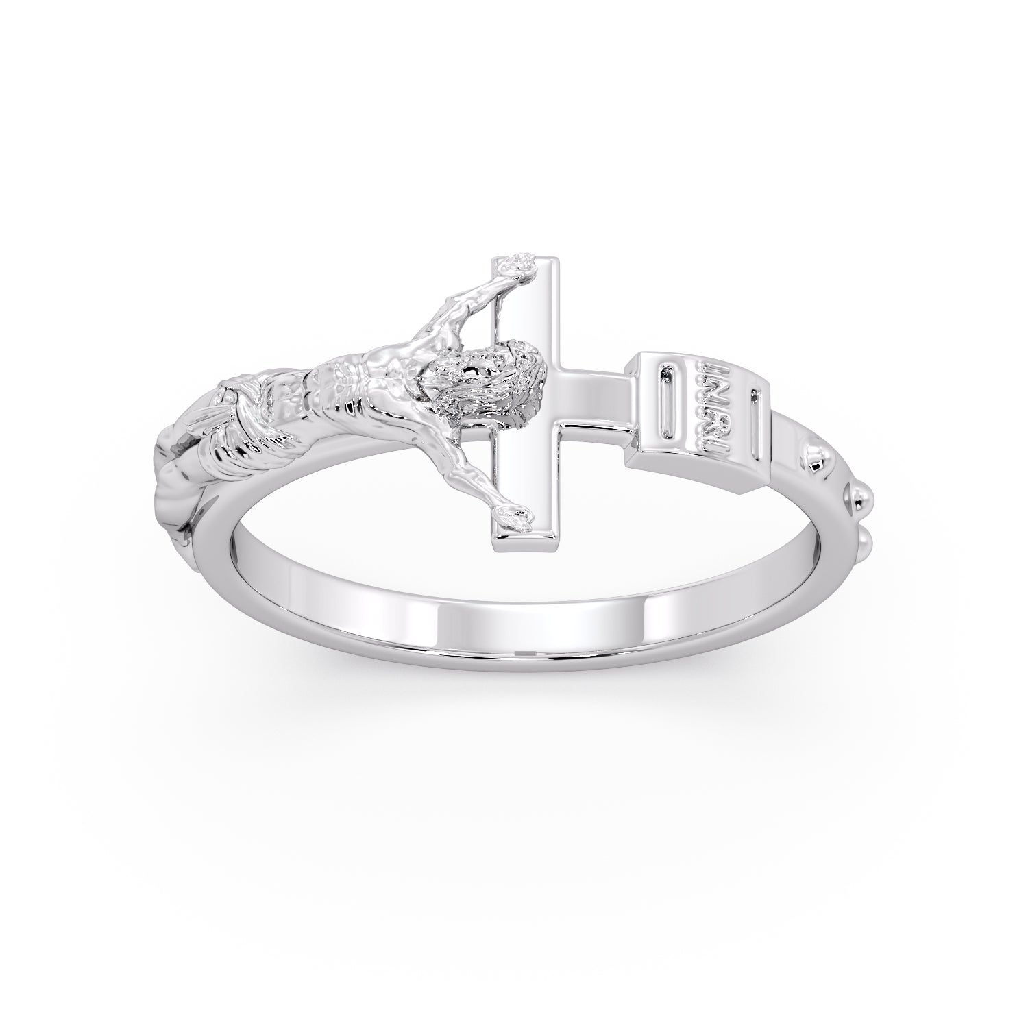 Rosary Ring in white metal, angled view showing the figure of Christ on the crucifix