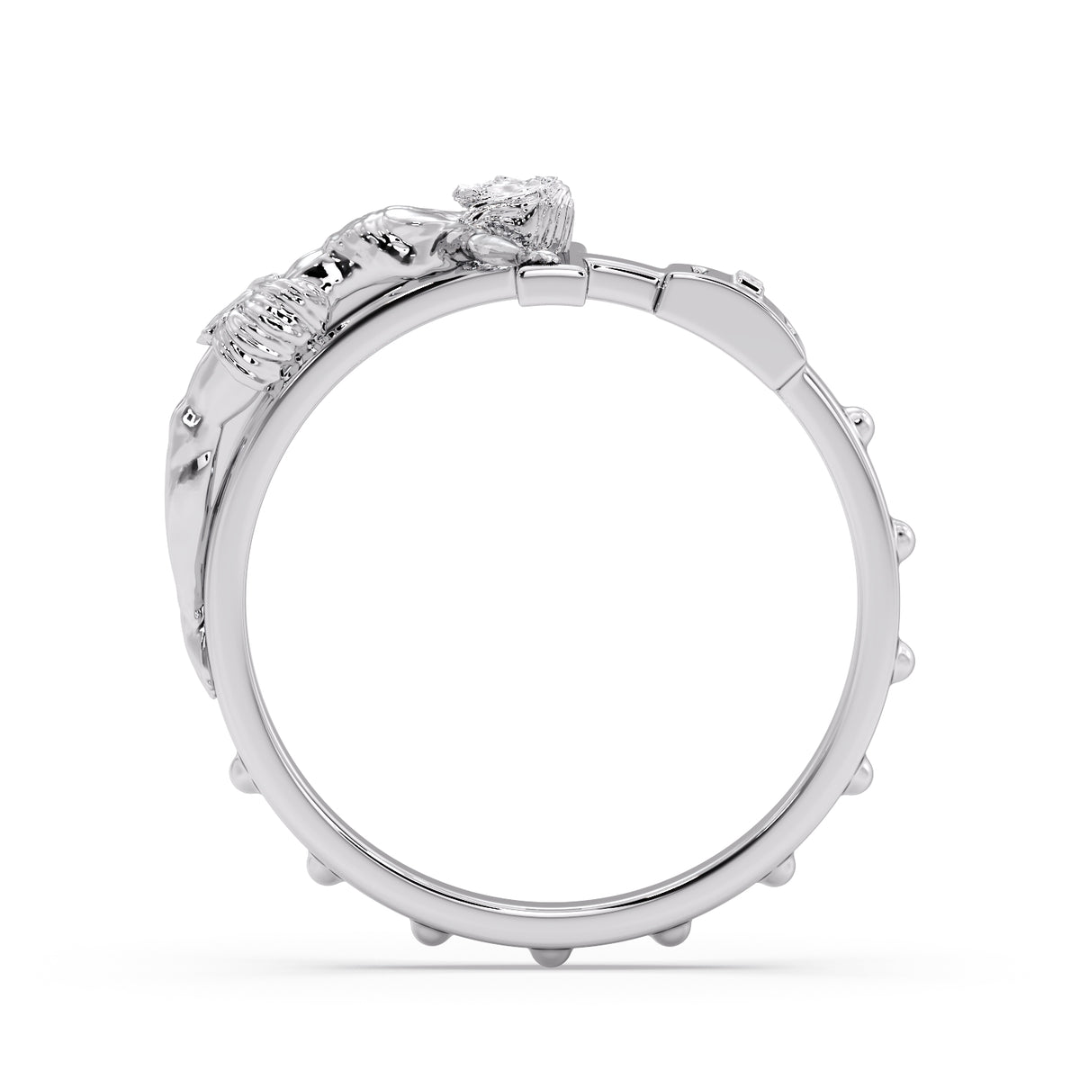 Rosary Ring in white metal, profile view showing the rosary beads set around the band